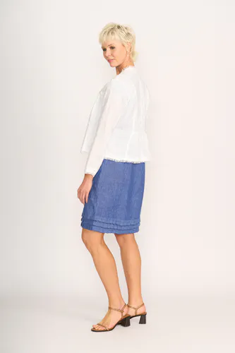 Model wearing White Fringe Festival Jacket By Foil Available at Beetees Nelson